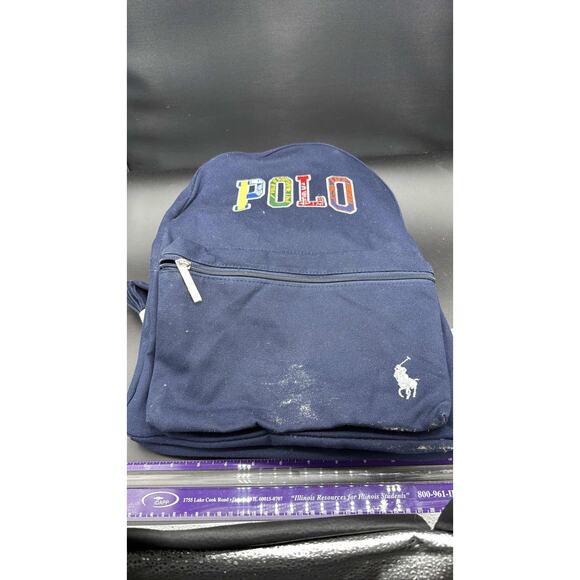 Polo Ralph Lauren Backpack Navy Blue Multi-Color Spellout Logo Pony School 26 - Picture 1 of 2